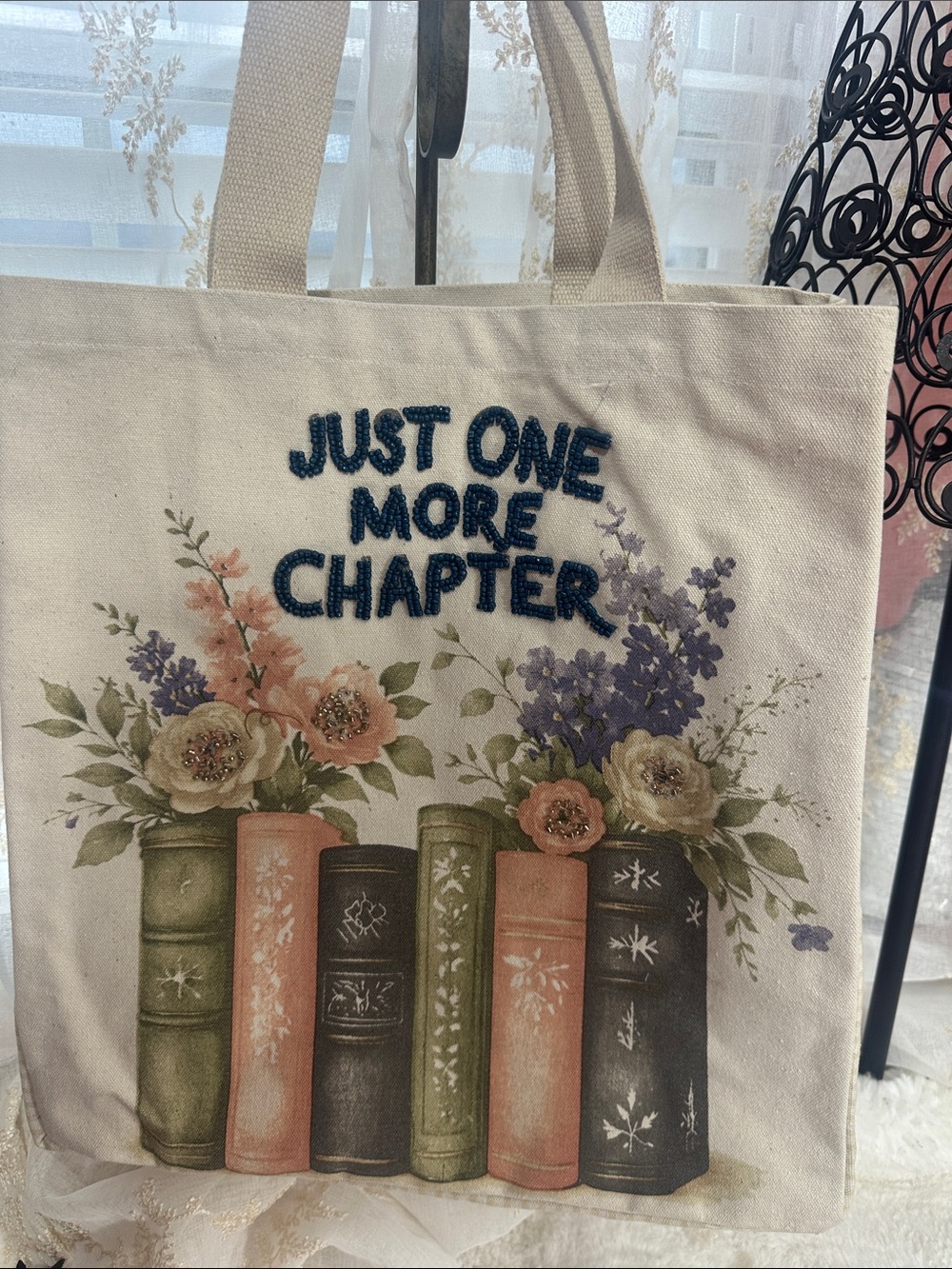 One more chapter beaded canvas tote bag